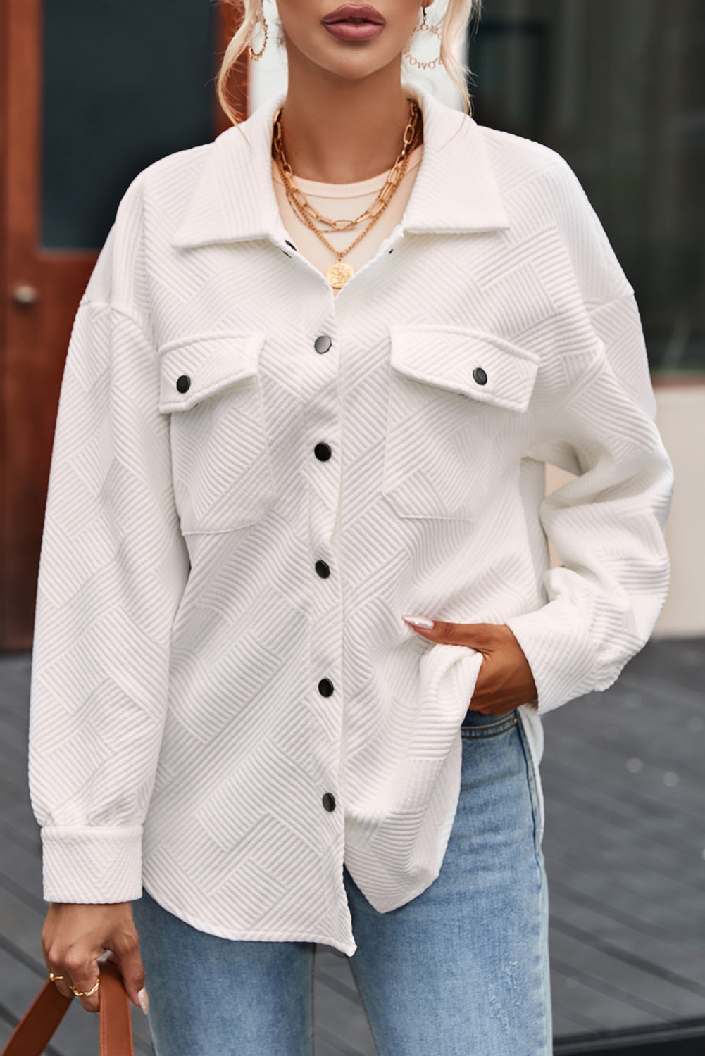 Rosalie Textured Flap Pocket Buttoned Shacket - Gold Cactus