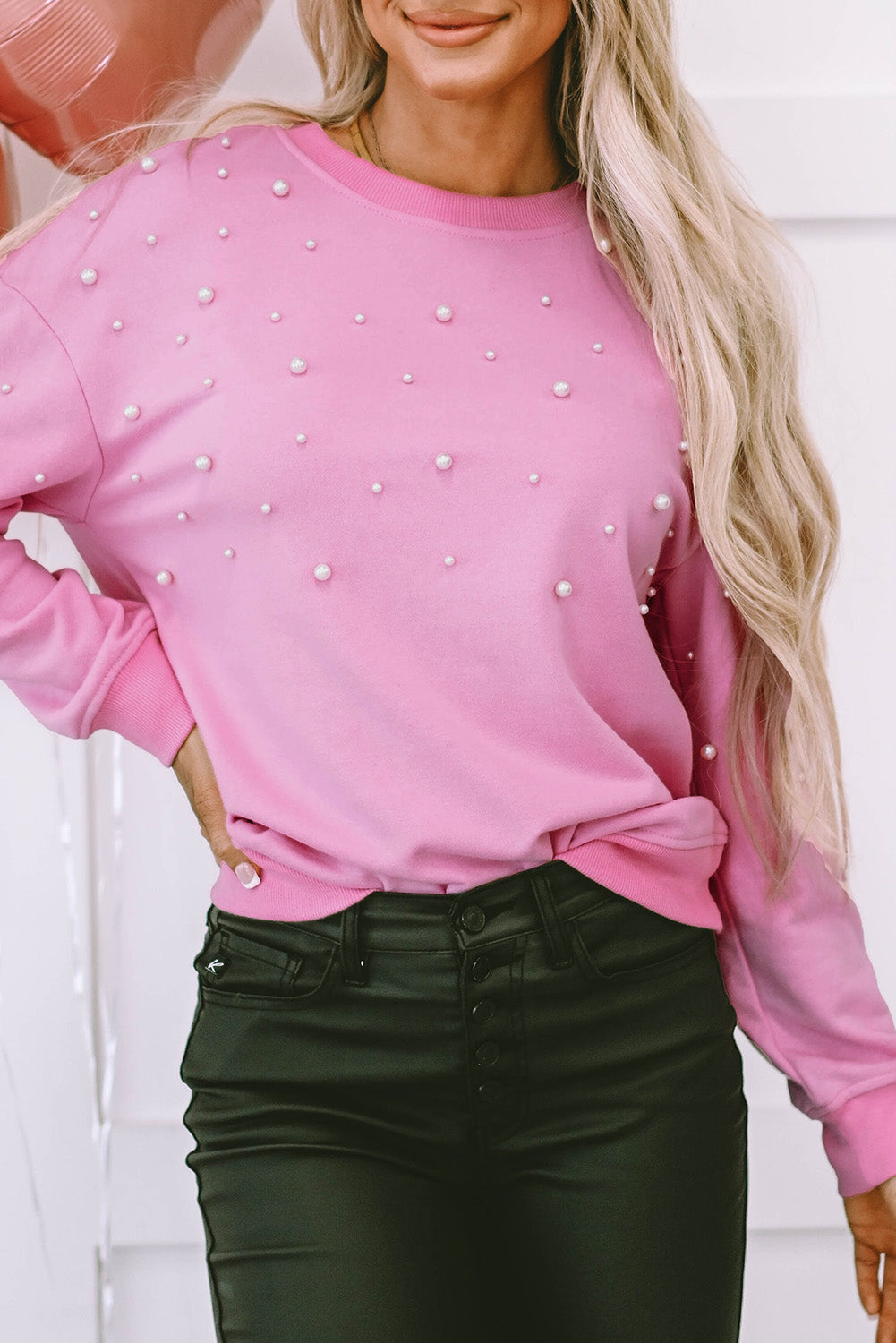Lilah Pearl Detail Ribbed Crew Neck Sweatshirt - Gold Cactus