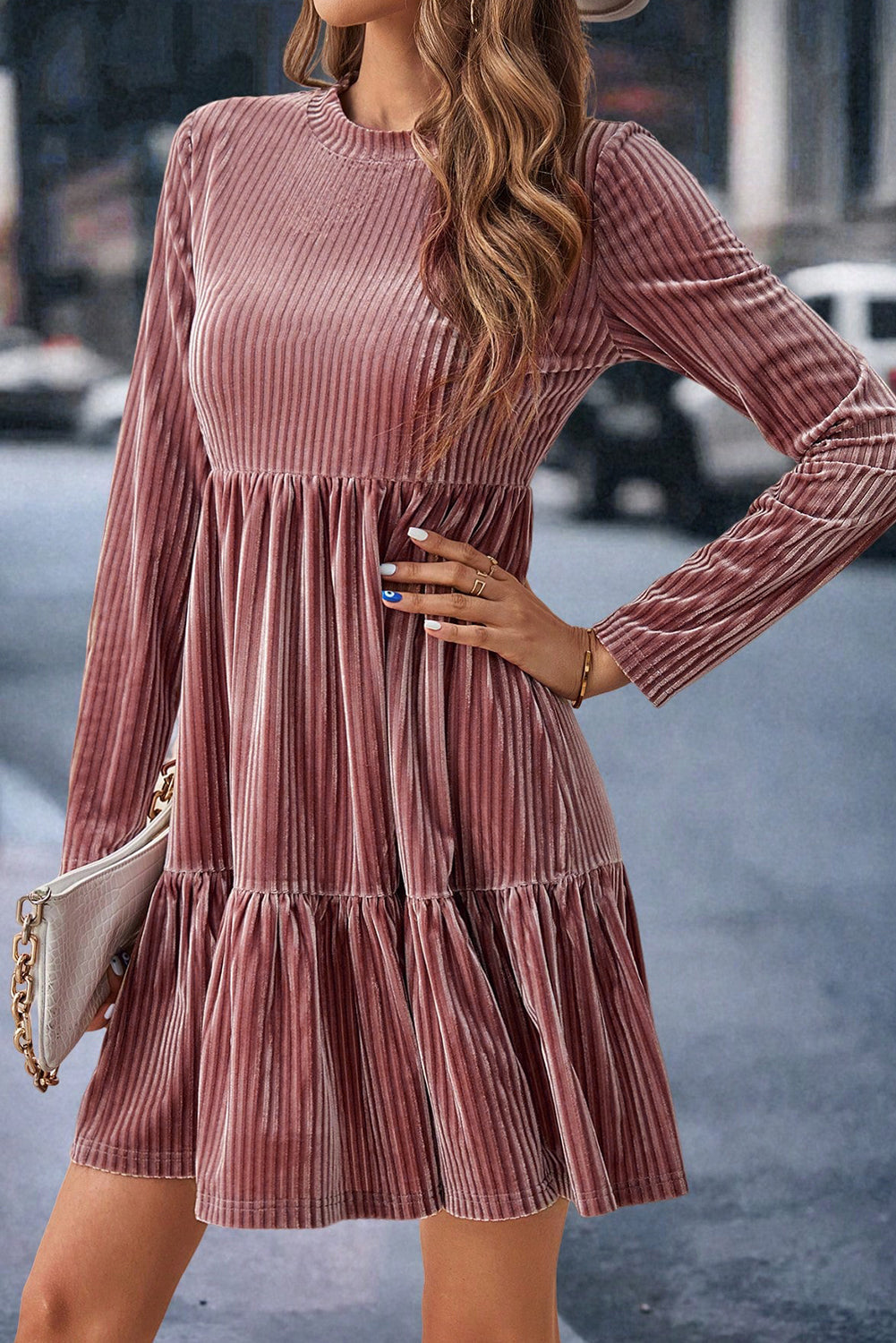 Amari Long Sleeve Tiered Ribbed Velvet Dress - Gold Cactus