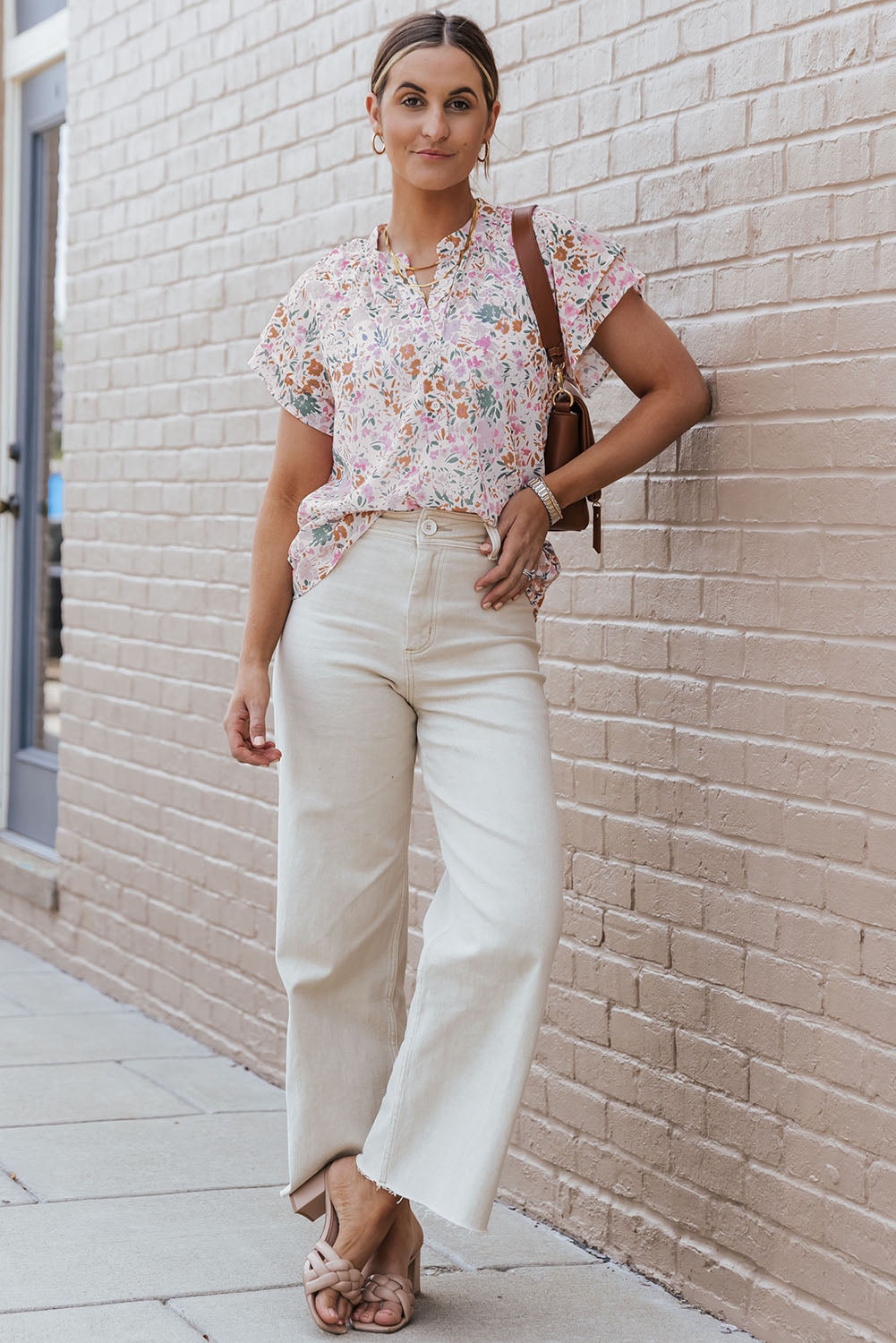 Lilian Floral Mandarin Collar Top - The Gold Cactus