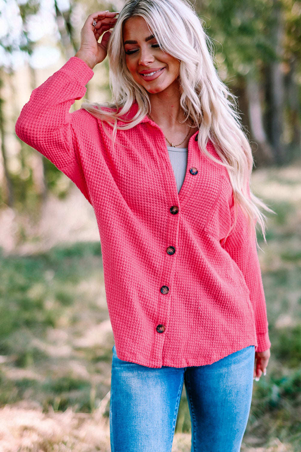 June Waffle Knit Button Up Casual Shirt - Gold Cactus