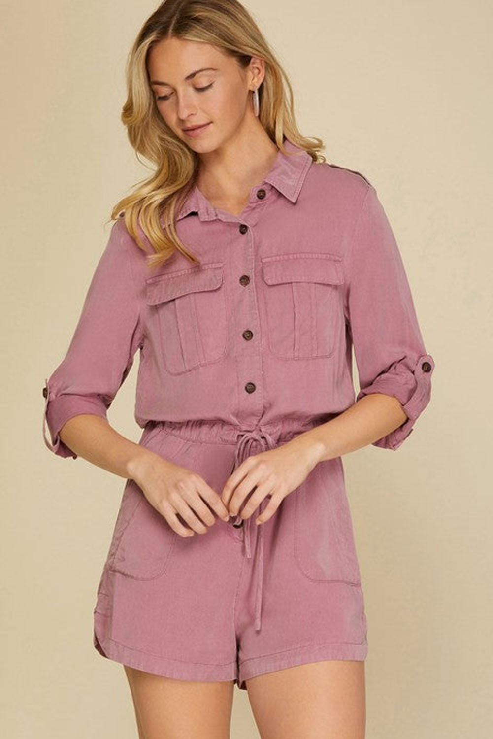 Reese Roll up Sleeve Flap Pockets Drawstring Romper - Gold Cactus