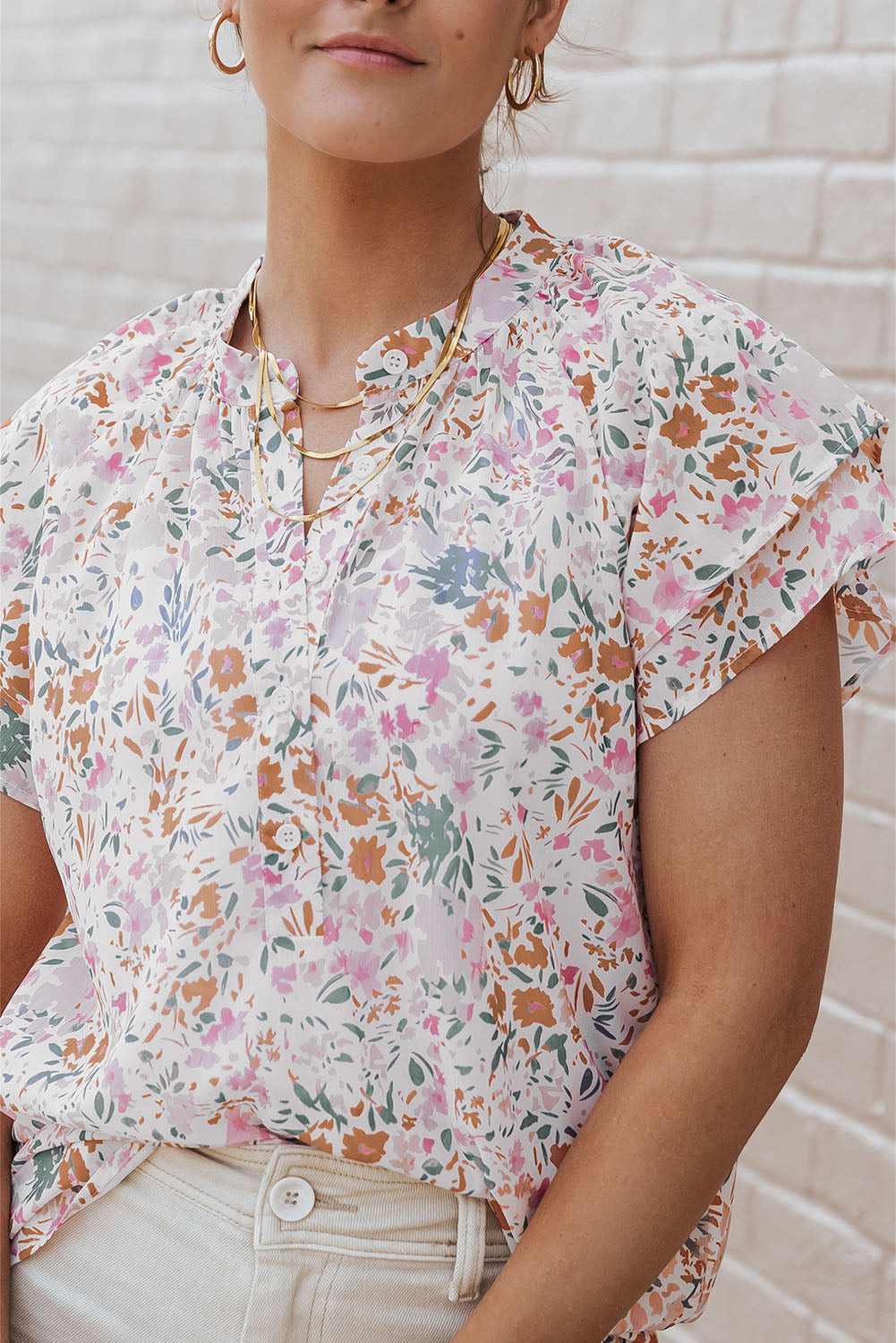 Lilian Floral Mandarin Collar Top - The Gold Cactus