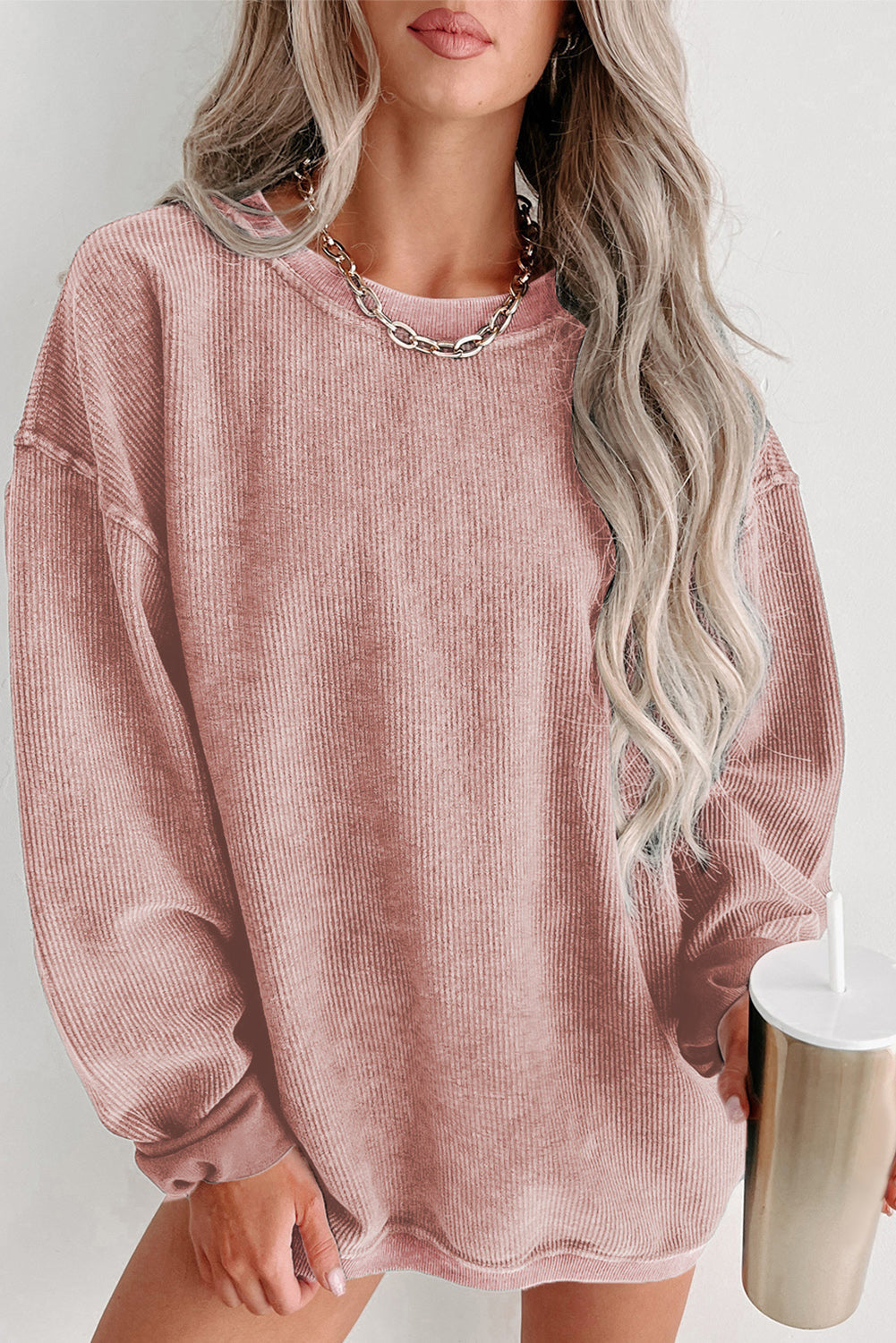 Faith Solid Ribbed Knit Round Neck Pullover Sweatshirt - Gold Cactus