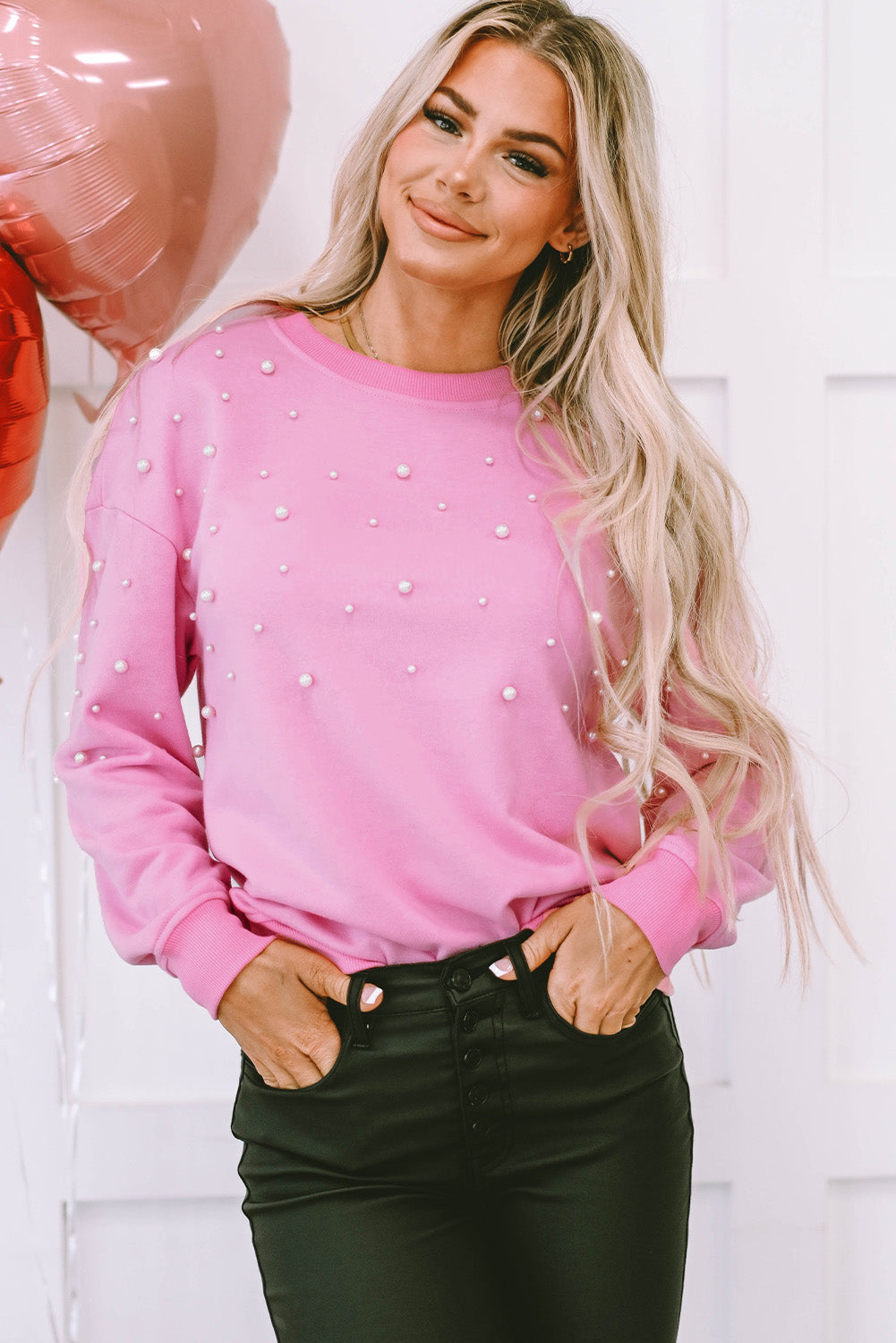 Lilah Pearl Detail Ribbed Crew Neck Sweatshirt - Gold Cactus