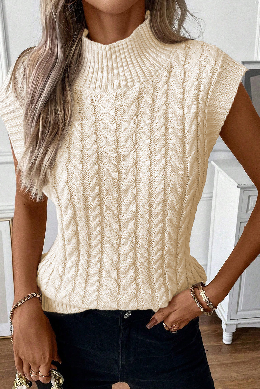 Sylvia Cable Knit High Neck Sweater Vest - Gold Cactus