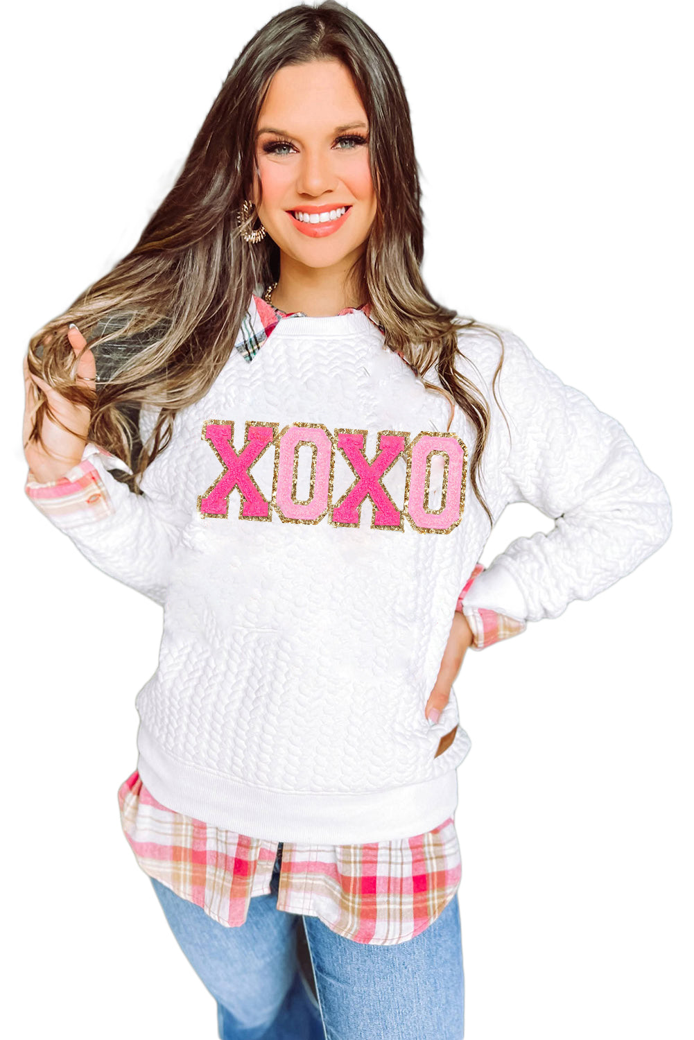Logan XOXO Glitter Chenille Cable Knit Pullover Sweatshirt - Gold Cactus