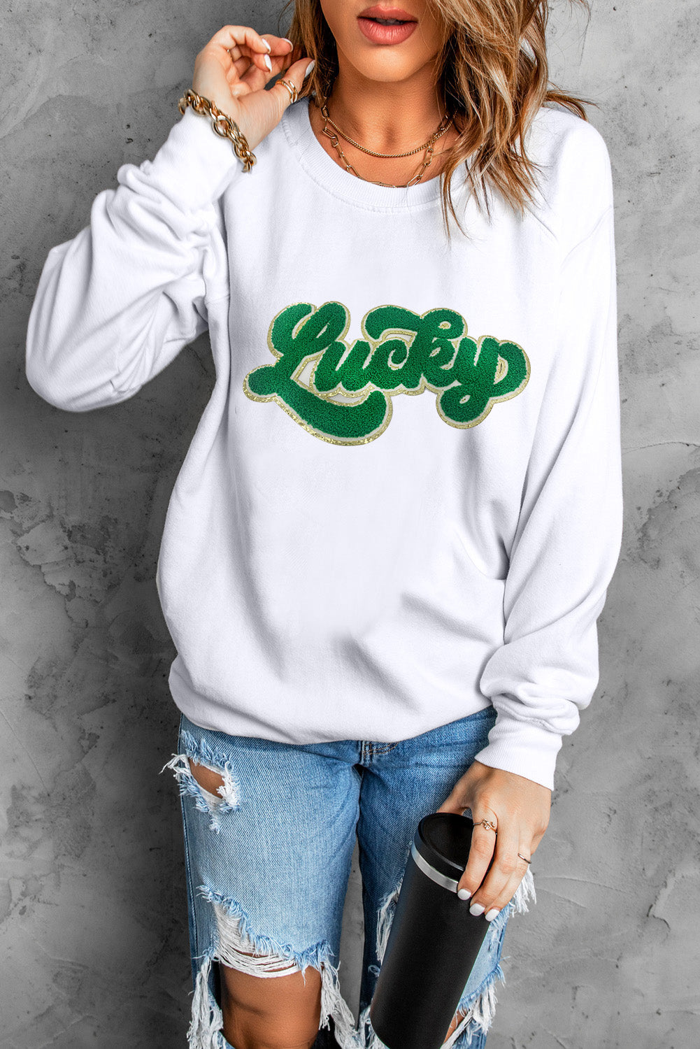 Brinley Chenille Lucky Pattern Sweatshirt - The Golden Cactus