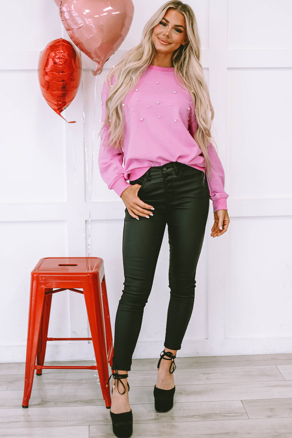 Lilah Pearl Detail Ribbed Crew Neck Sweatshirt - Gold Cactus
