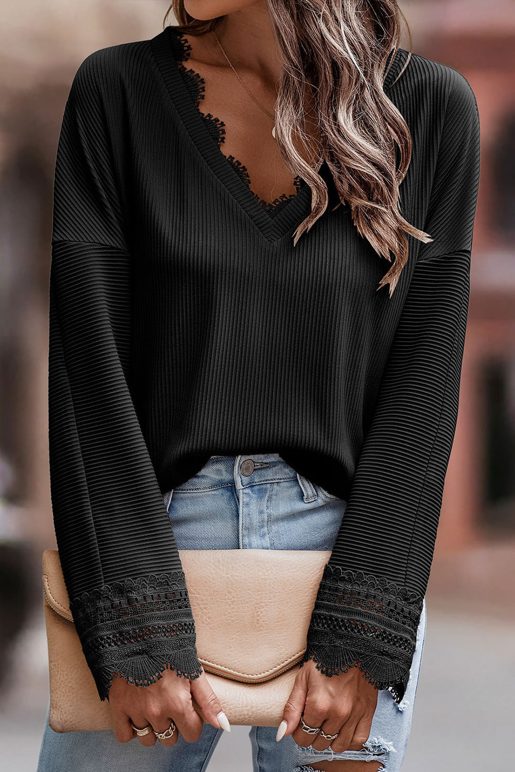 Lola Ribbed Texture Lace Trim V Neck Long Sleeve Top - Gold Cactus