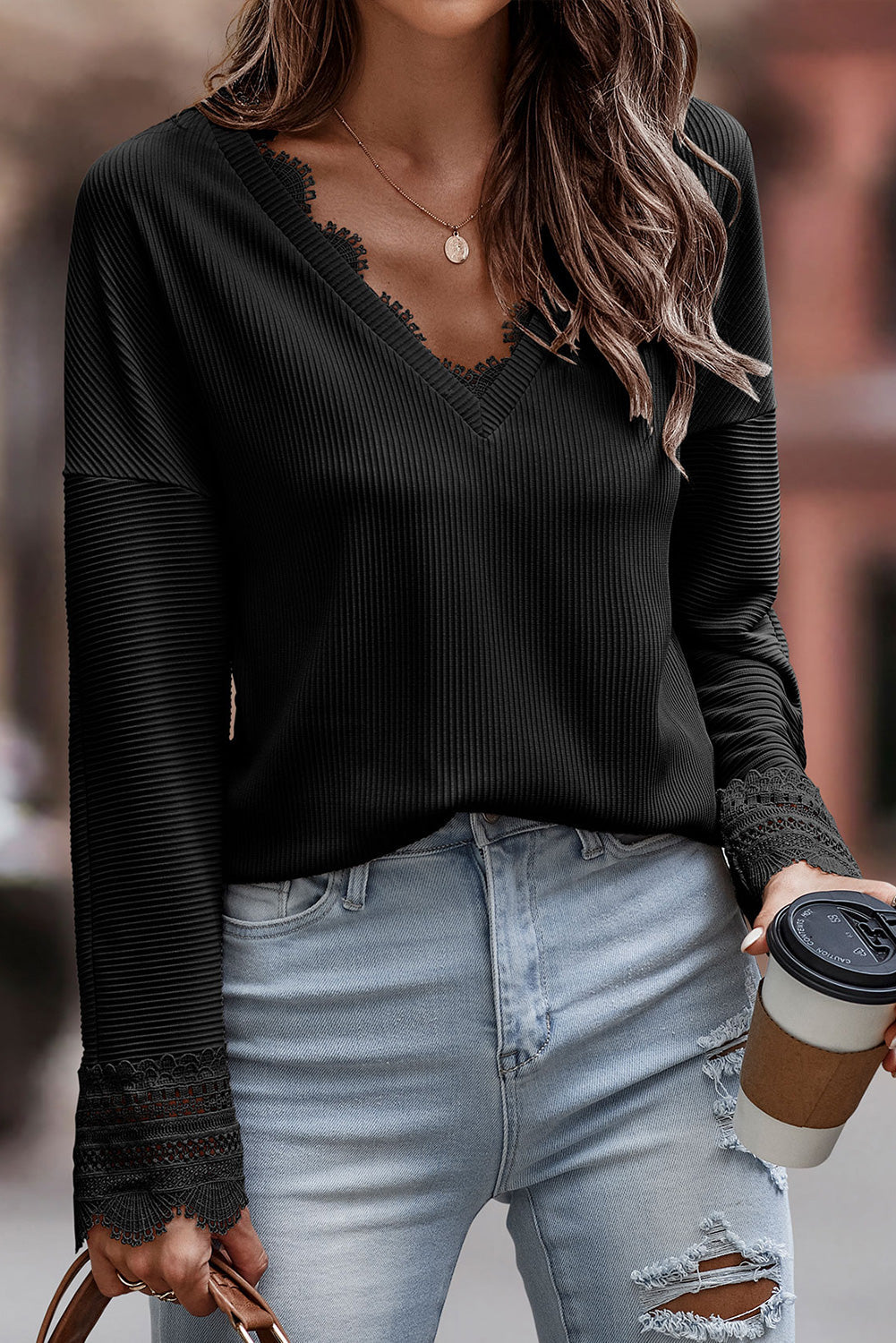 Lola Ribbed Texture Lace Trim V Neck Long Sleeve Top - Gold Cactus