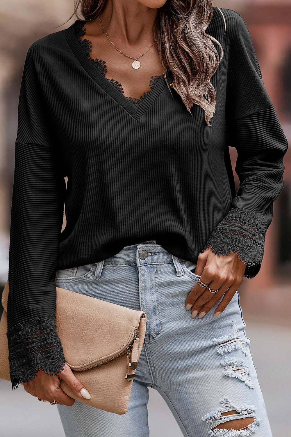 Lola Ribbed Texture Lace Trim V Neck Long Sleeve Top - Gold Cactus