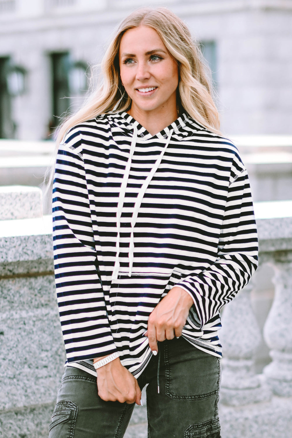 Julia Stripe Kangaroo Pocket Drawstring Hoodie - Gold Cactus