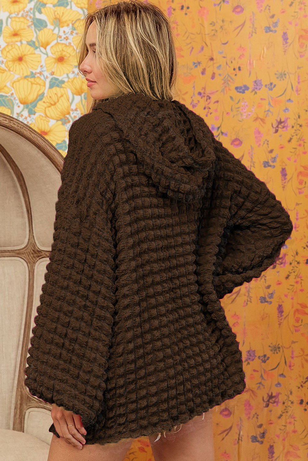 Brynn Bubble Textured Waffle Hoodie - Gold Cactus