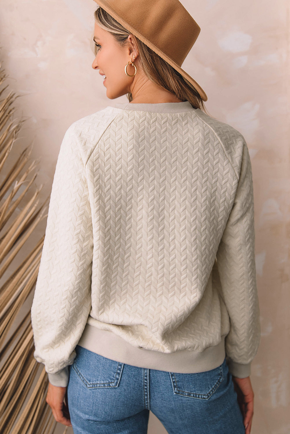 Amy Textured Raglan Sleeve Pullover Sweatshirt - Gold Cactus