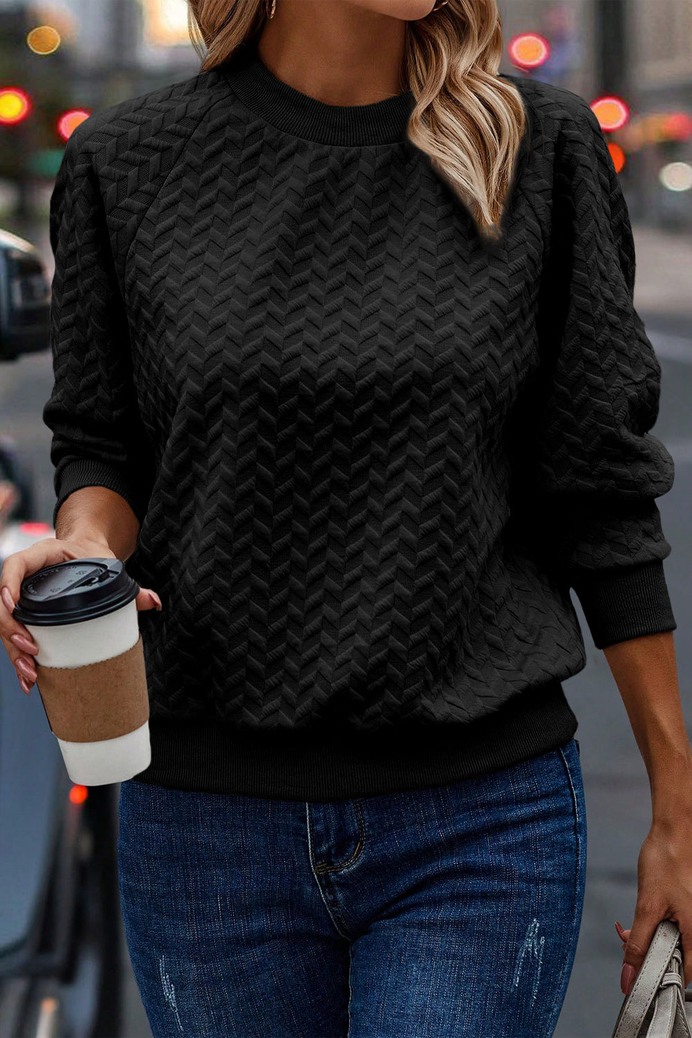 Amy Textured Raglan Sleeve Pullover Sweatshirt - Gold Cactus