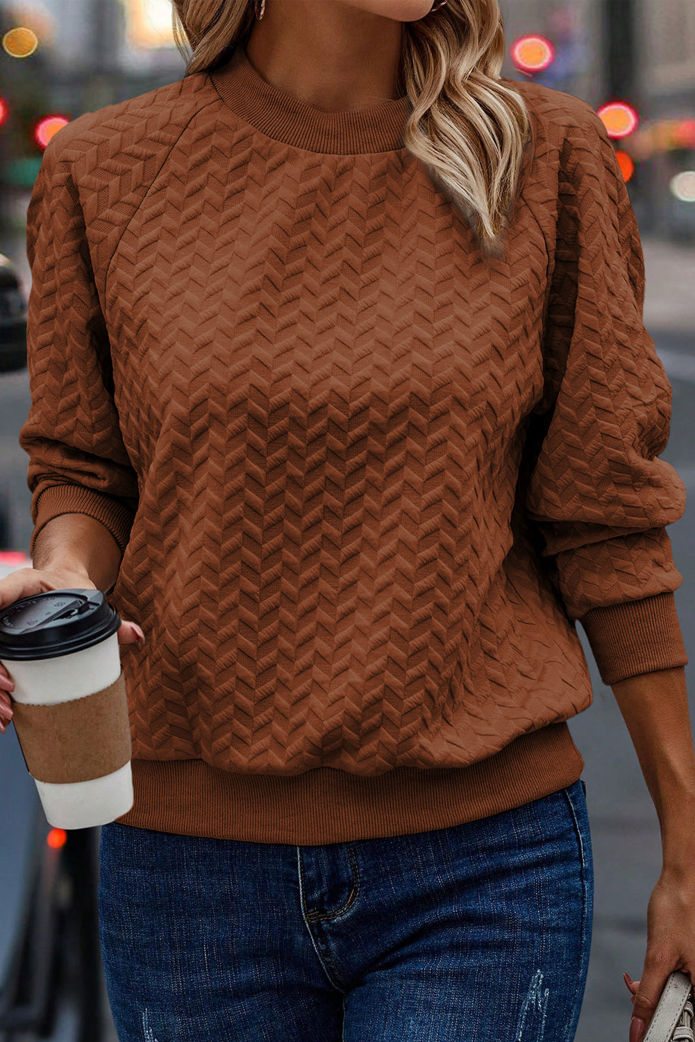 Amy Textured Raglan Sleeve Pullover Sweatshirt - Gold Cactus