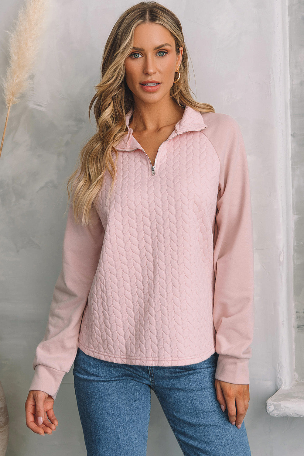 Jocelyn Textured Quarter Zip Raglan Sleeve Sweatshirt - Gold Cactus