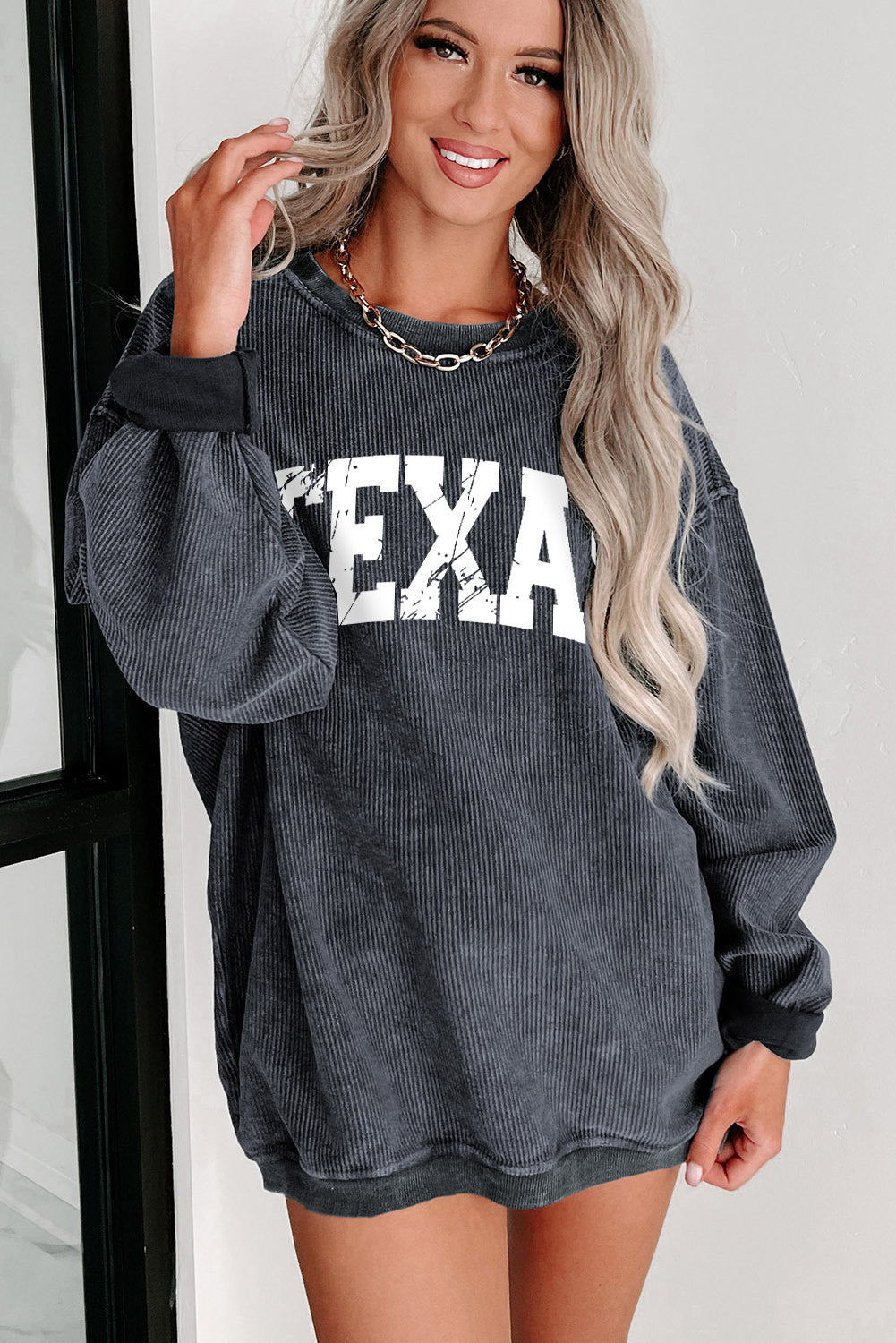 Texas Solid Ribbed Knit Round Neck Pullover Sweatshirt - Gold Cactus