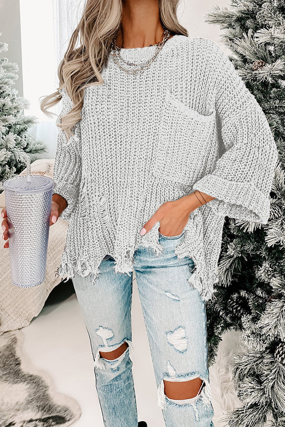 Alina Ripped Raw Hem Chunky Pullover Sweater - Gold Cactus