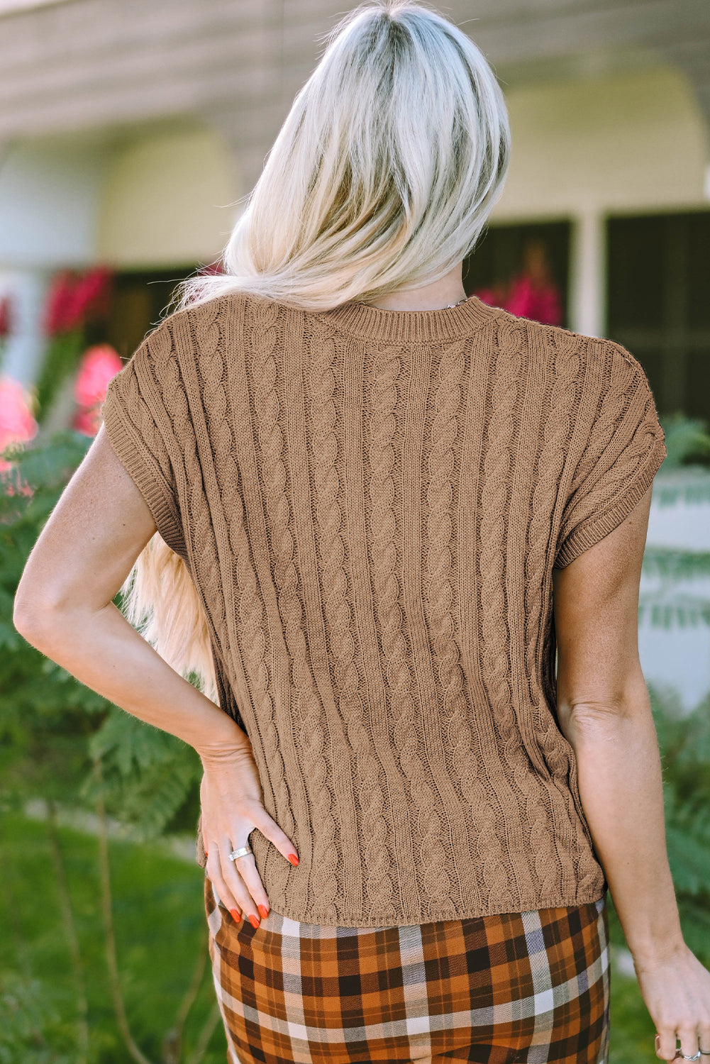 Laura Crew Neck Cable Knit Short Sleeve Sweater - Gold Cactus
