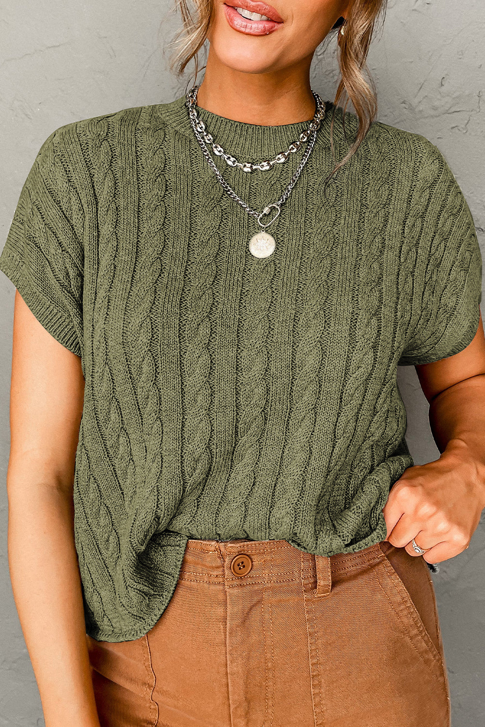 Laura Crew Neck Cable Knit Short Sleeve Sweater - Gold Cactus