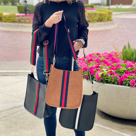 vegan leather messenger bag striped