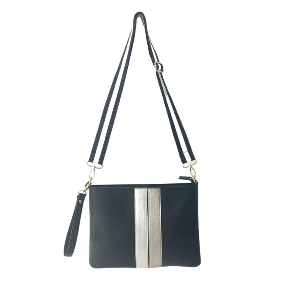 messenger bag with racing stripe, vegan leather crossbody bag