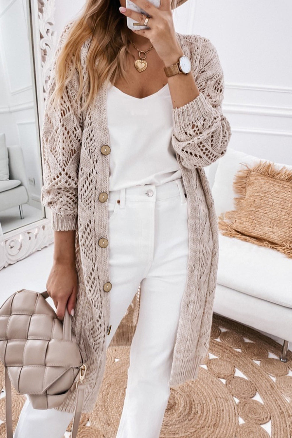 Mckenzie Hollow-out Openwork Knit Cardigan - Gold Cactus