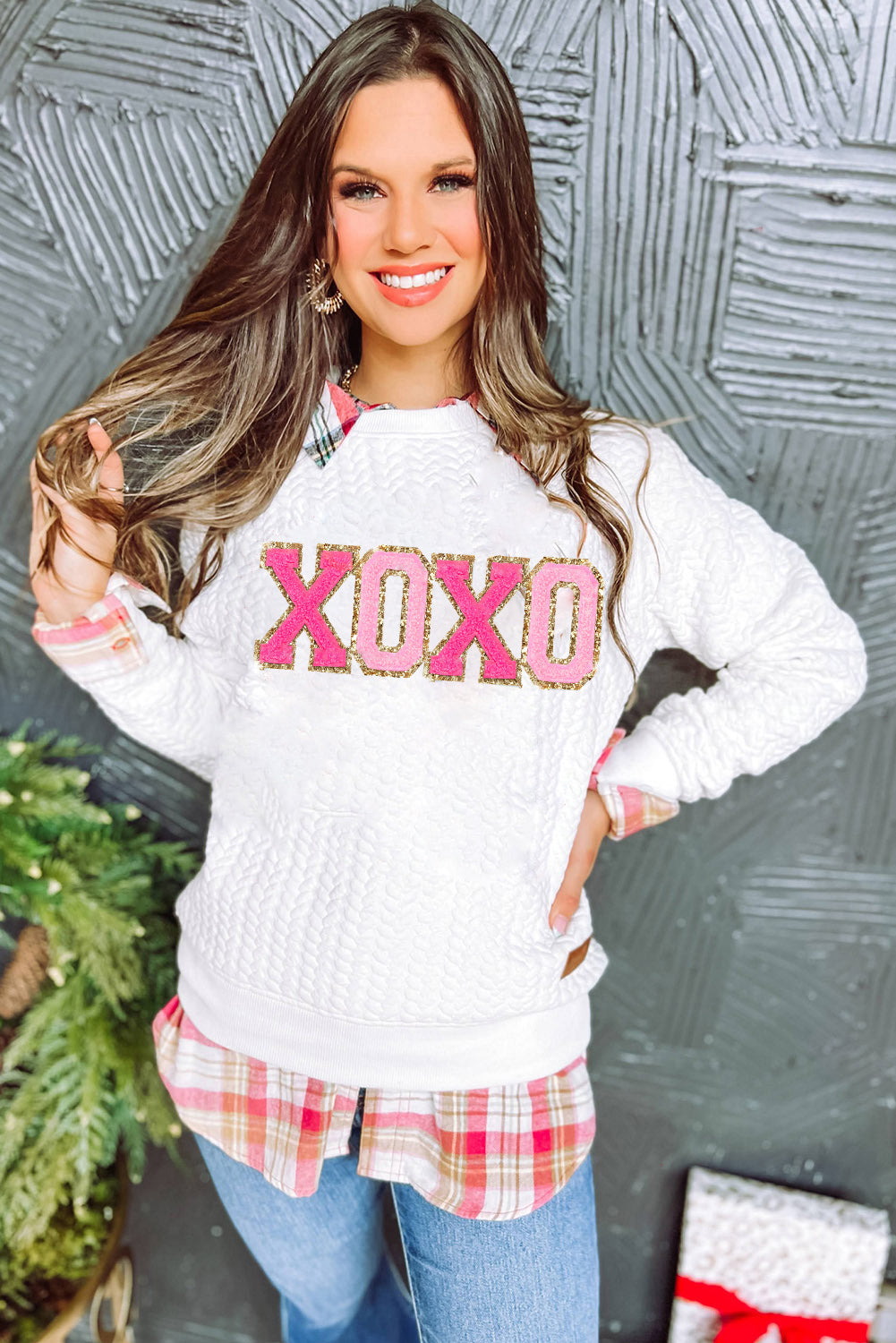 Logan XOXO Glitter Chenille Cable Knit Pullover Sweatshirt - Gold Cactus
