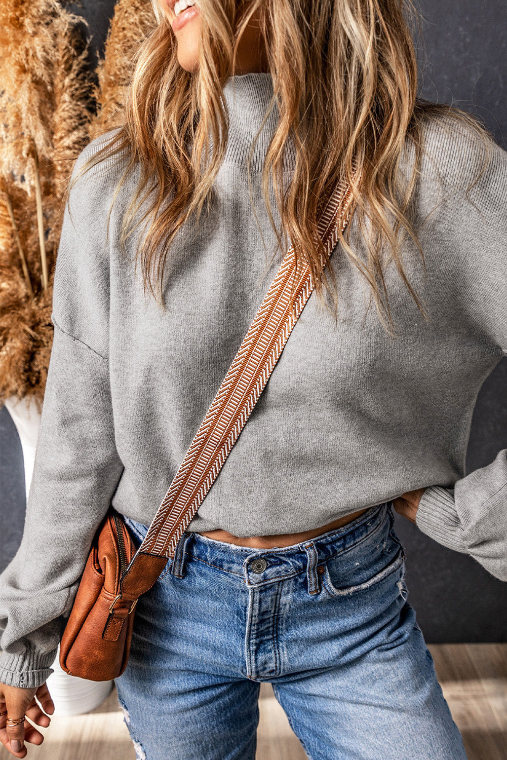 Brielle Turtleneck Drop Shoulder Bubble Sleeve Knit Sweater - Gold Cactus