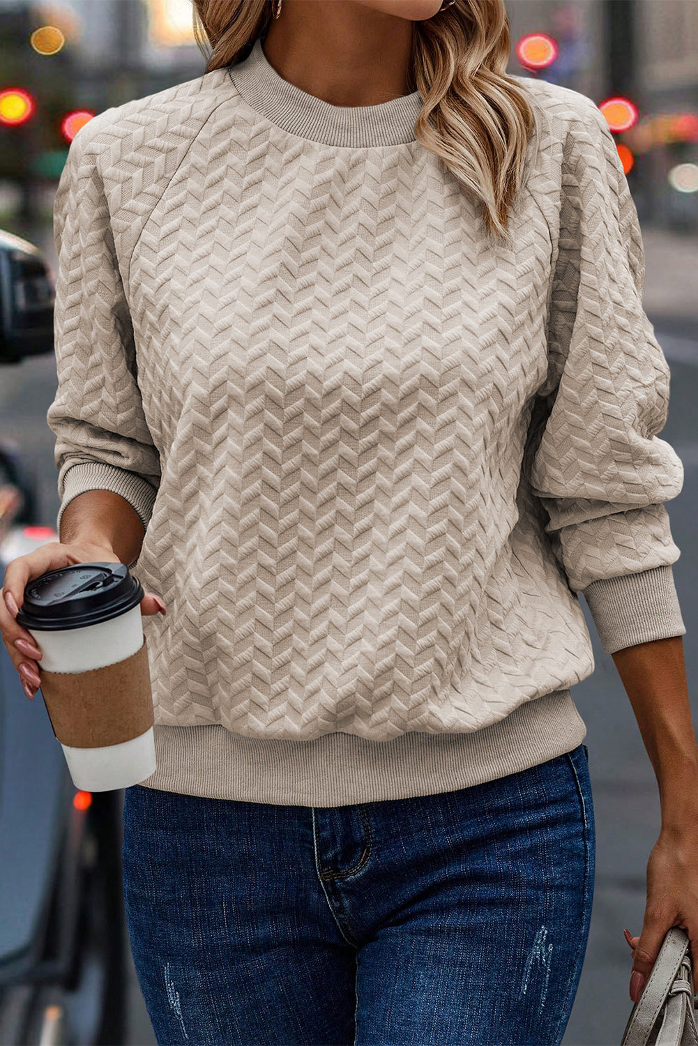 Amy Textured Raglan Sleeve Pullover Sweatshirt - Gold Cactus