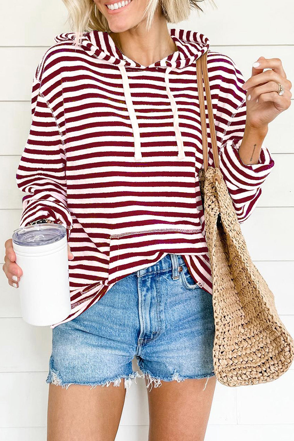 Julia Stripe Kangaroo Pocket Drawstring Hoodie - Gold Cactus