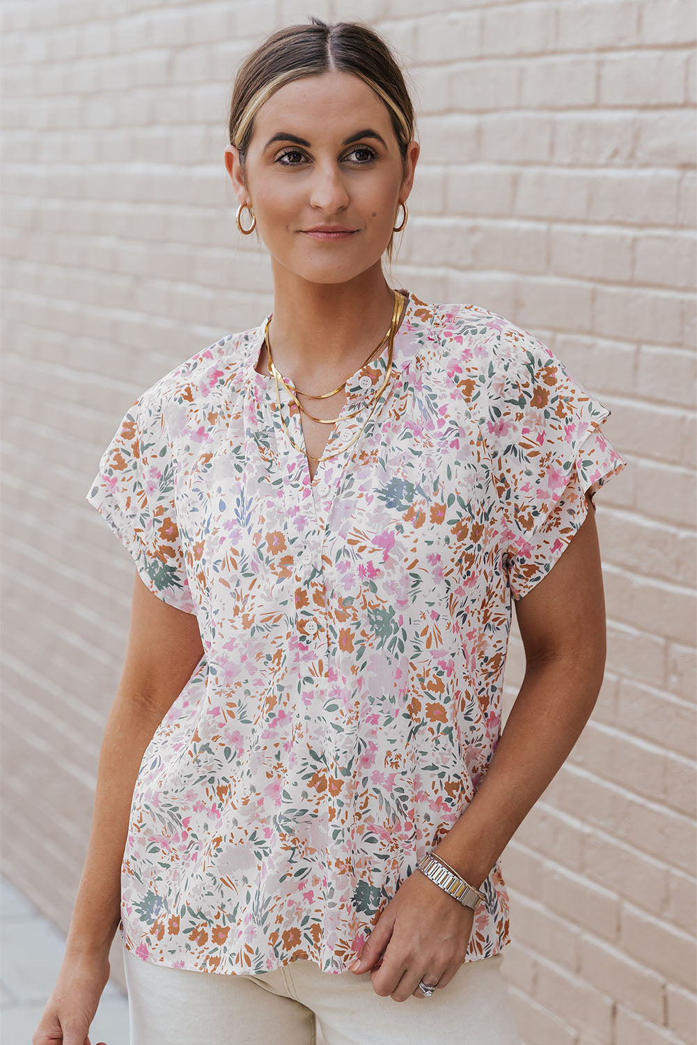 Lilian Floral Mandarin Collar Top - The Gold Cactus