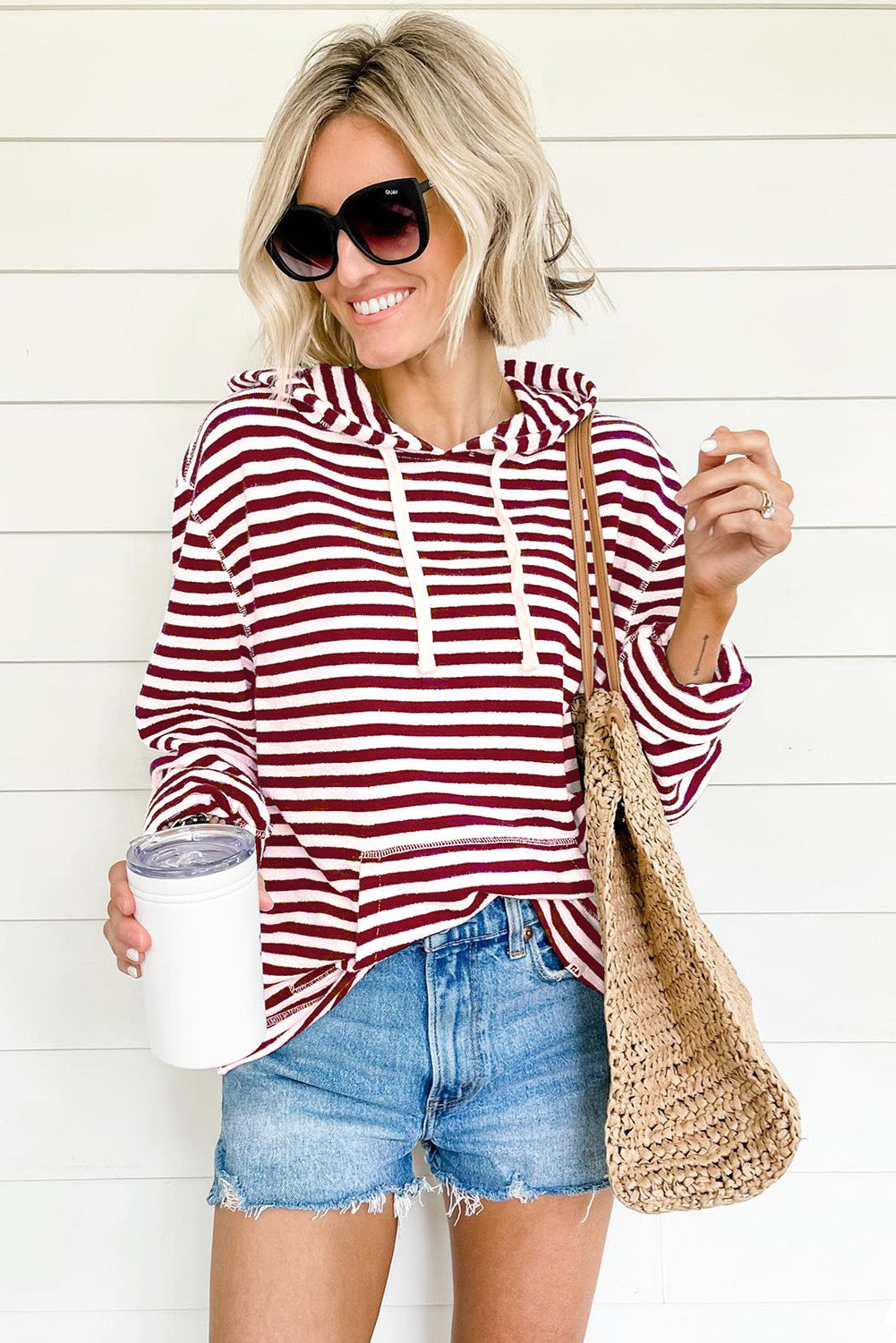 Julia Stripe Kangaroo Pocket Drawstring Hoodie - Gold Cactus