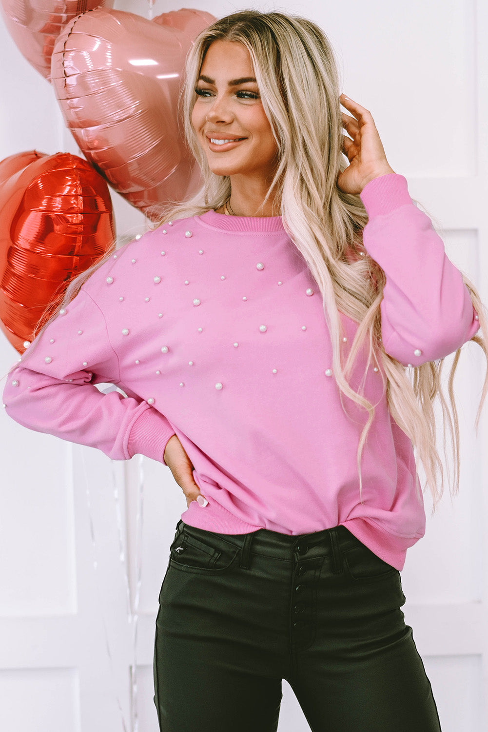 Lilah Pearl Detail Ribbed Crew Neck Sweatshirt - Gold Cactus