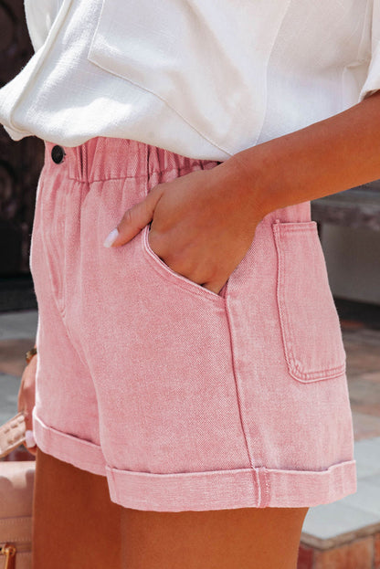 Melany Pink Vintage Washed Frilled High Waist Denim Shorts - The Gold Cactus