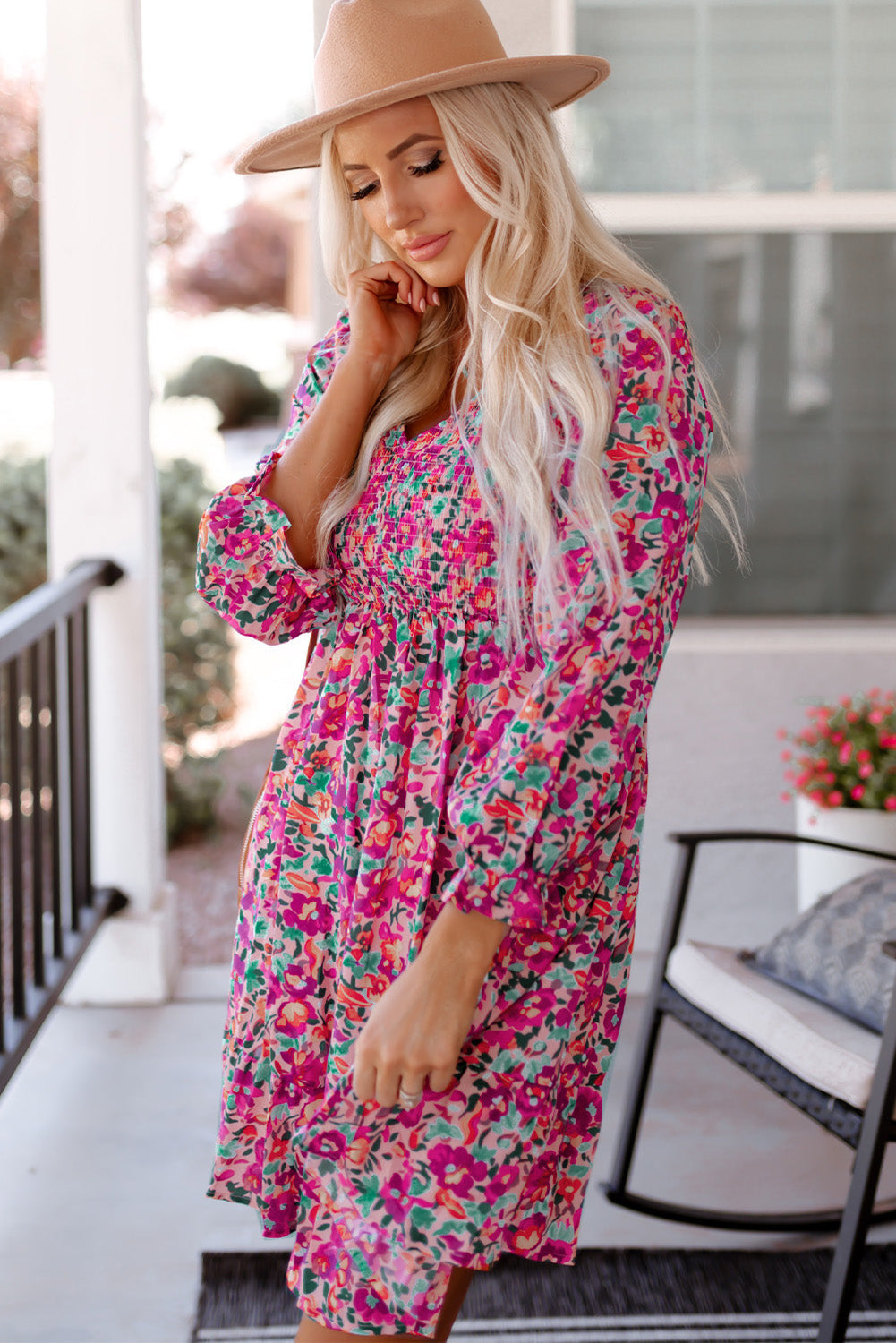 Mikaela Smocked V Neck Puffy Sleeve Floral Dress - Threaded Pear