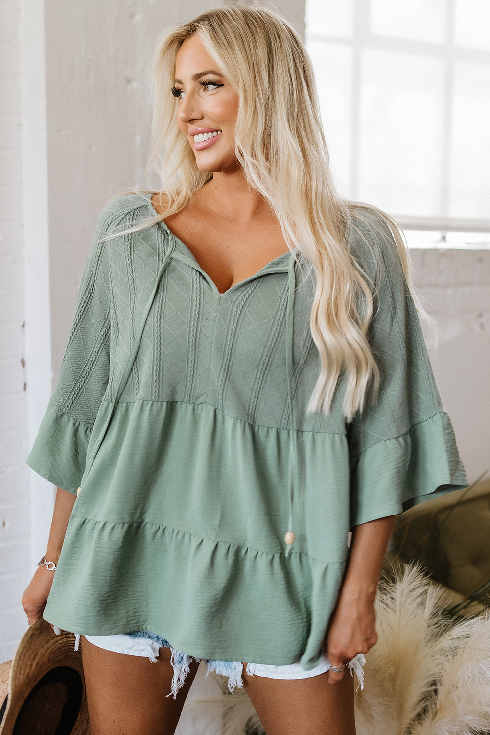Ensley Tie Split Neck Textured Ruffle Patchwork Blouse - Threaded Pear
