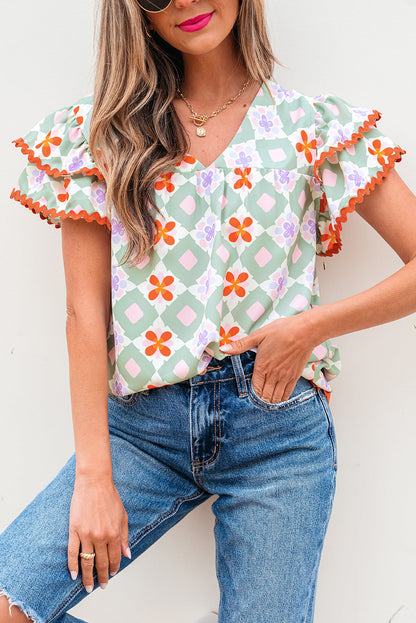 Belen Floral Layered Flutter Sleeve Rac Trim Blouse - Threaded Pear