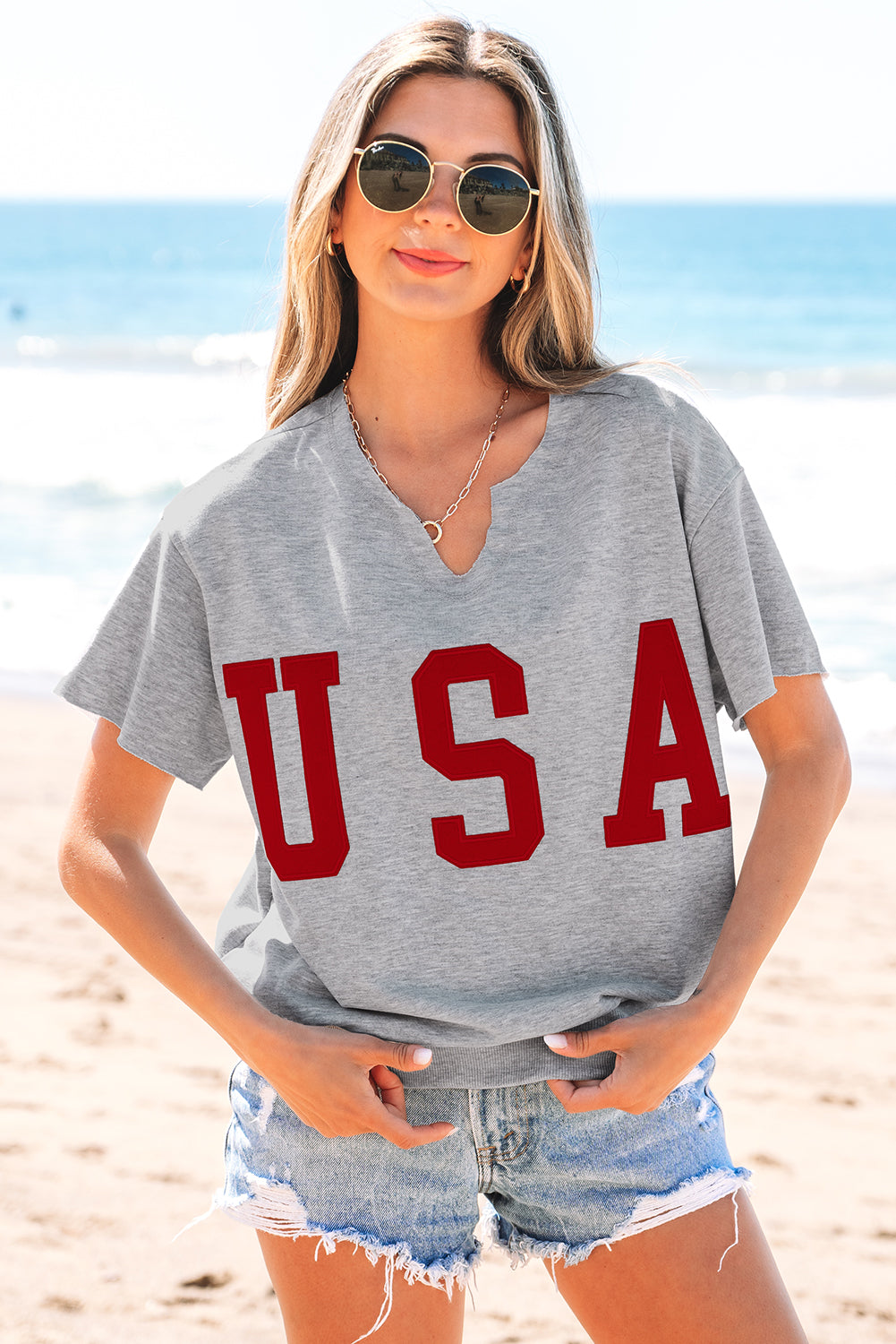 USA Patch Notched Neck Loose Tee - Threaded Pear