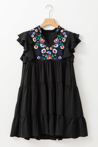 Veda Floral Embroidered Tiered Ruffled Mini Dress