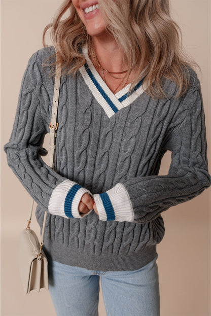 Kayle Ribbed Edge Cable Knit V Neck Sweater