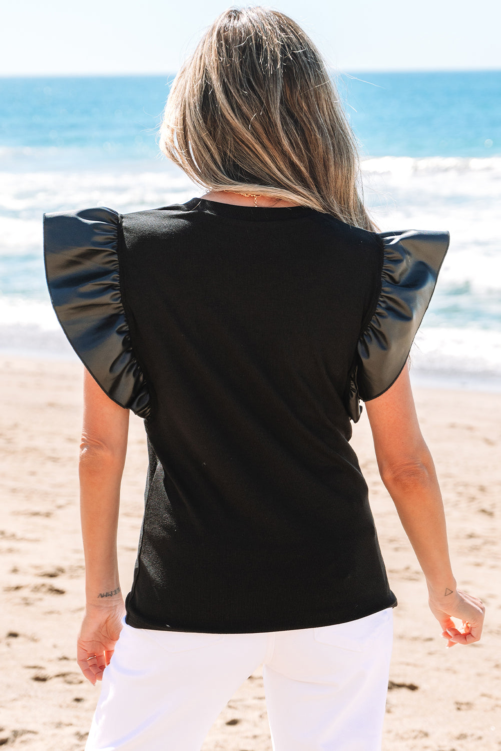 Macy Leather Ruffle Sleeve Blouse - Threaded Pear