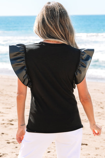 Macy Leather Ruffle Sleeve Blouse - Threaded Pear