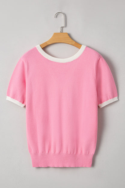 Mercy Bow V-Shape Cut Back Short Sleeve Sweater - Threaded Pear