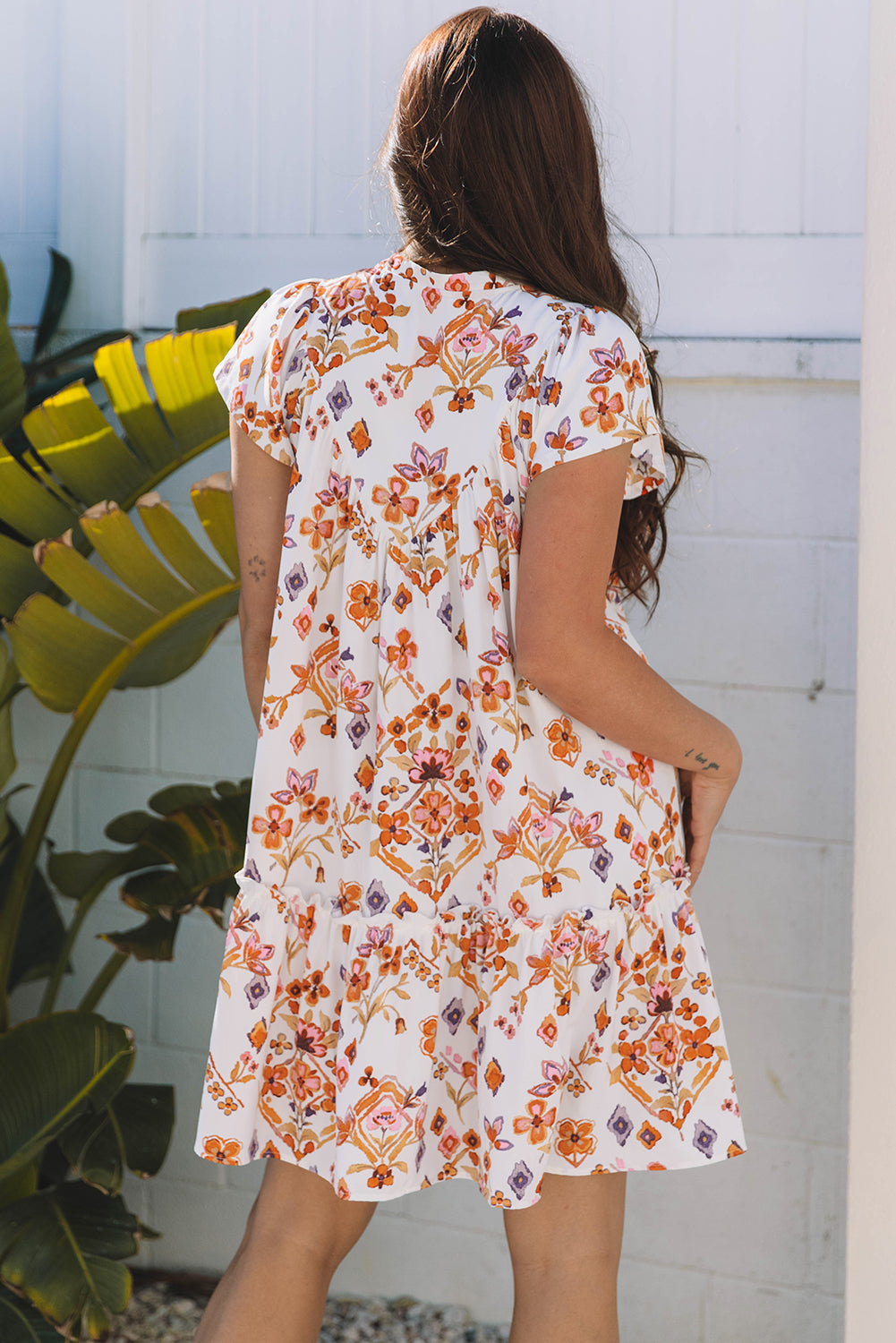 Marigold Floral Ruffled Trim Flutter Sleeve Dress - Threaded Pear