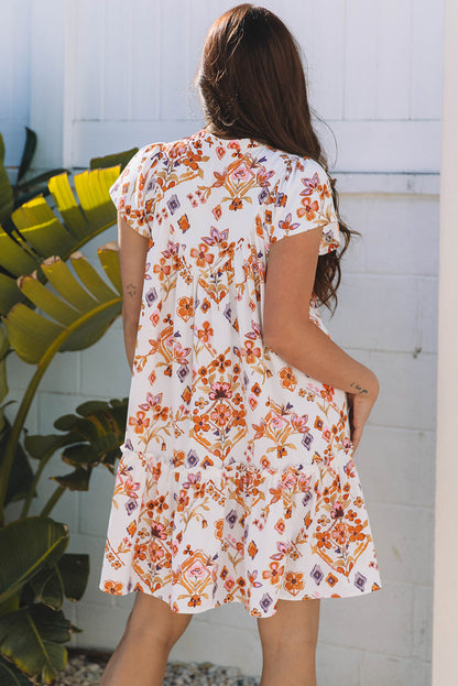 Marigold Floral Ruffled Trim Flutter Sleeve Dress - Threaded Pear