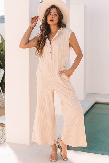 Textured Buttoned Wide Leg Sleeveless Jumpsuit - Threaded Pear