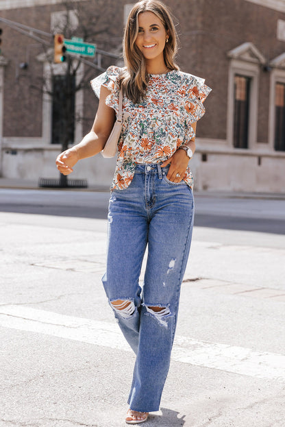 Erin Floral Shirred Ruffle Sleeve Blouse - Threaded Pear